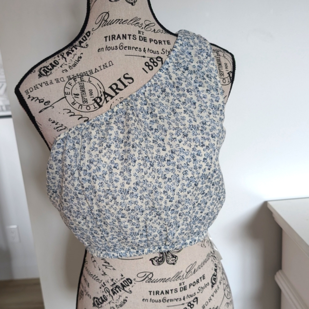 AMERICAN EAGLE | Women's Blue/White Floral One Shoulder Cropped Top
